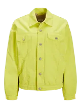 Chaqueta color lima de corte recto con cuello clásico, cierre frontal con botones metálicos, bolsillos con solapa en el pecho y bolsillos laterales.