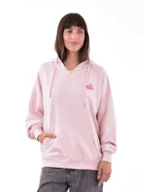Canguro rosa con capucha y cordones ajustables, bolsillo tipo canguro y logo de sombrero cowboy rosa estampado en el pecho.