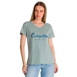 Remera blanca de algodón y poliéster reciclado, con cuello en V y logo de Caterpillar estampado en plateado en el pecho.