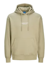 Canguro verde oliva de manga larga con capucha, corte relajado, bolsillo tipo canguro y logo estampado en el pecho.