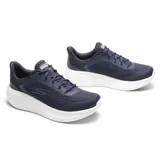 Championes deportivos Skechers Max Cushioning Essential Momentum, color azul marino, con cordones y capellada de malla transpirable. Cuenta con plantilla Skechers Air-Cooled Goga Mat, entresuela Ultra Go y tecnología Natural Rocker.