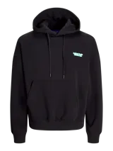 Canguro negro con capucha, de corte holgado y mangas largas. Estampado en la espalda con letras en verde y blanco.