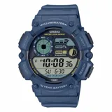 Reloj digital Casio WS1500H-2AVDF con caja y correa de resina azul. Cuenta con funciones de hora dual, cronómetro, temporizador, 5 alarmas, calendario, datos de luna y pesca. Resistente al agua hasta 100 metros y batería de 10 años de duración.