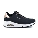Championes Skechers Street Uno - Shimmer Away, color negro con detalles en dorado. Capellada de durabuck sintético, cordones elásticos, plantilla Skechers Air-Cooled Memory Foam y media suela visible Skech-Air con cámara de aire.