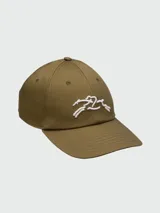 Gorro con visera color verde oliva con logo bordado en blanco.