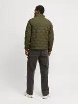 Campera verde militar acolchada, de manga larga y cuello alto. Tiene cierre frontal con cremallera y bolsillos laterales con cierre.