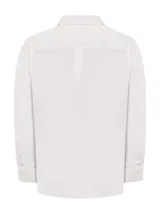 Camisa de manga larga blanca, confeccionada en popelina 100% algodón, con cuello italiano, bolsillo en el pecho con logo bordado y calce regular.
