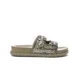 Sandalias bajas color beige con plataforma de 2 cm, capellada sintética texturada con apliques brillantes y hebillas metálicas. Suela de goma flexible antideslizante.