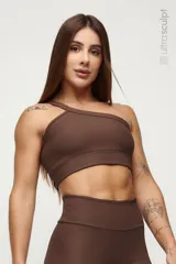 Top deportivo marrón acanalado, con diseño de un solo hombro y textura Ultra Sculpt.