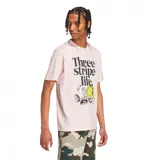 Remera Adidas color rosa con estampado de un sol con auriculares y la frase "Three stripe life".