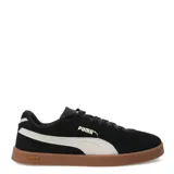 Championes Puma Club Ii Era Suede, color negro con franja lateral blanca y suela marrón.