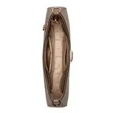 Cartera Guess modelo Noelle, tipo shoulder bag, color marrón con herrajes dorados y logo triangular en el frente. Incluye correa de hombro ajustable, cierre superior, bolsillo interno para móvil y ranuras para tarjetas.