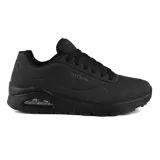 Championes Skechers Street Uno color negro, con cordones, capellada de cuero sintético liso y perforado, plantilla Skechers Air Cooled Memory Foam y media suela con cámara de aire visible Skech-Air.
