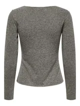 Top gris jaspeado de punto fino, con cuello redondo y mangas largas.