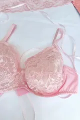 Soutien con aro, confeccionado en puntilla elastizada color rosa pálido con diseño floral. Posee forro interno para contención y breteles elásticos regulables.