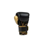 Guantes de boxeo Everlast Powerlock negros con detalles dorados. Fabricados en piel de alta calidad con tecnología Evershield y acolchado protector.