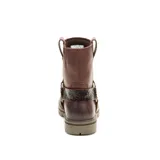 Bota corta de cuero color marrón con correa de cuero con estampado de piel de serpiente y hebilla metálica.