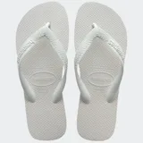 Ojotas Havaianas Top color blanco con textura en la suela y tiras con diseño en relieve y logo de la marca.