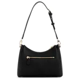 Cartera Guess modelo Meridian, color negro, con correa de hombro ajustable y logo triangular metálico en el frente.