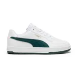 Championes Puma Caven 2.0 unisex, color blanco con detalles en verde oscuro y dorado.