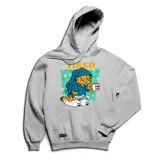 Canguro gris con capucha y bolsillo delantero. Estampado de Garfield con pijama y gorro de dormir, tomando una taza con el texto 'I love ZZZ' y parado sobre pantuflas de conejo. En la parte superior del estampado se lee 'Always Tired'.