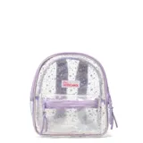 Mochila transparente con detalles en lila y estampado de estrellas.