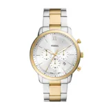 Reloj Fossil modelo Neutra con caja de acero plateado y dorado de 44mm de diámetro, esfera plateada con detalles dorados y tres subesferas, agujas doradas luminiscentes, cristal mineral y malla metálica combinada plateada y dorada. Movimiento de cuarzo cronógrafo y resistencia al agua de 5 ATM.