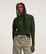 Suéter verde oscuro de tejido de punto texturizado con cuello redondo y mangas largas.