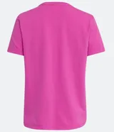Remera rosa de algodón con cuello redondo y lunares blancos.