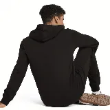 Campera deportiva Puma ESS Fullzip Hoodie negra con cierre frontal, capucha con cordones ajustables y logo blanco estampado en el pecho.