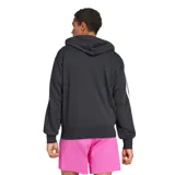 Campera Adidas Essentials 3 para hombre, color negro con las tres tiras blancas en las mangas, cierre frontal completo, capucha con cordón ajustable y bolsillos laterales.