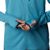 Campera polar Columbia Park View Fleece, color azul jaspeado, con cierre frontal completo, cuello alto, bolsillos laterales con cierre y bolsillo en el pecho con cierre vertical en color verde lima. Cuenta con tecnología Omni-Wick, puños elásticos con orificios para pulgares y protector de barbilla.