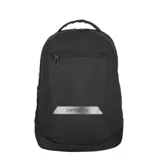 Mochila negra con logo Samsonite en el frente, con un compartimento principal con cierre, un bolsillo frontal con cierre y un asa superior.