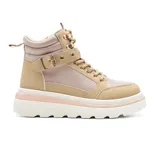 Botas de caña alta color beige, con plataforma blanca y detalles en color oro rosa.