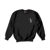 Buzo negro de algodón con cuello redondo y puños y cintura acanalados. Estampado pequeño en el frente con manos rezando.