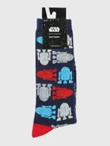 Calcetines de algodón con diseño de R2-D2 en azul, rojo, celeste y blanco.