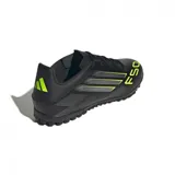 Championes de fútbol Adidas F50 Club para hombre, color negro con detalles en plateado y amarillo neón.