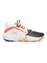 Zapatillas de baloncesto Under Armour modelo GS Lockdown 7, color blanco con detalles en negro y naranja. Presentan el logo de la marca en el lateral y la inscripción 'LD7' en la lengüeta.
