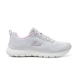 Championes deportivos Skechers Flex Appeal 5.0 Cruising Thru, color gris con detalles en rosa. Capellada de tejido knit, cordones, plantilla Skechers Air-Cooled Memory Foam y entresuela Flex Lite.