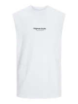 Musculosa blanca de algodón, corte oversize y sin mangas. Estampado con texto en el pecho.