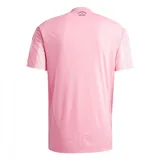Camiseta de fútbol Adidas del Inter Miami CF, modelo Home 25/26, para hombre. Diseño a rayas verticales rosas y blanco con detalles en negro en cuello, mangas y hombros. Incluye logo de Adidas, escudo del club y sponsor en el frente.