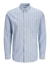 Camisa de vestir Jack & Jones Premium de manga larga a rayas verticales celestes y blancas, con cuello abotonado y corte slim fit.