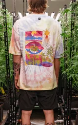 Remera unisex de corte oversize con hombros caídos, cuello redondo y estampado tie-dye en tonos pastel.