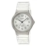 Reloj Casio plateado con correa de plástico transparente, esfera blanca con números y agujas negras. Resistente al agua.