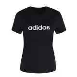 Remera de mujer Adidas, color negro, de manga corta y cuello redondo. Presenta el logo de Adidas en el centro del pecho con un efecto de estampado repetido en blanco.