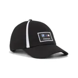 Gorra negra de algodón con logo BMW Motorsport bordado en el frente y una franja vertical blanca en el lateral.