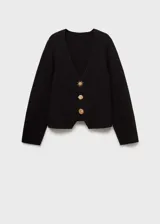 Chaqueta negra de punto con cuello pico, cierre frontal con botones dorados con efecto joya y mangas largas.