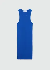 Vestido corto de punto canalé a rayas horizontales blancas y azules, con cuello redondo, tirantes anchos y corte ajustado.