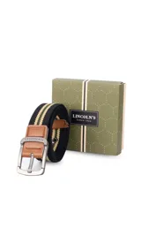 Cinturón casual negro de tela canvas con hebilla metálica plateada y detalles en cuero sintético negro.