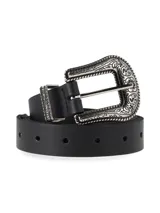 Cinturón negro de cuero sintético con hebilla metálica plateada de estilo western con grabados florales.